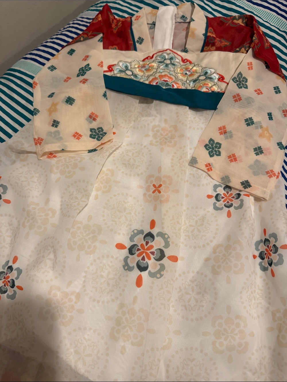 Ivory Floral Embroidered Hanbok Dress with Teal Sash